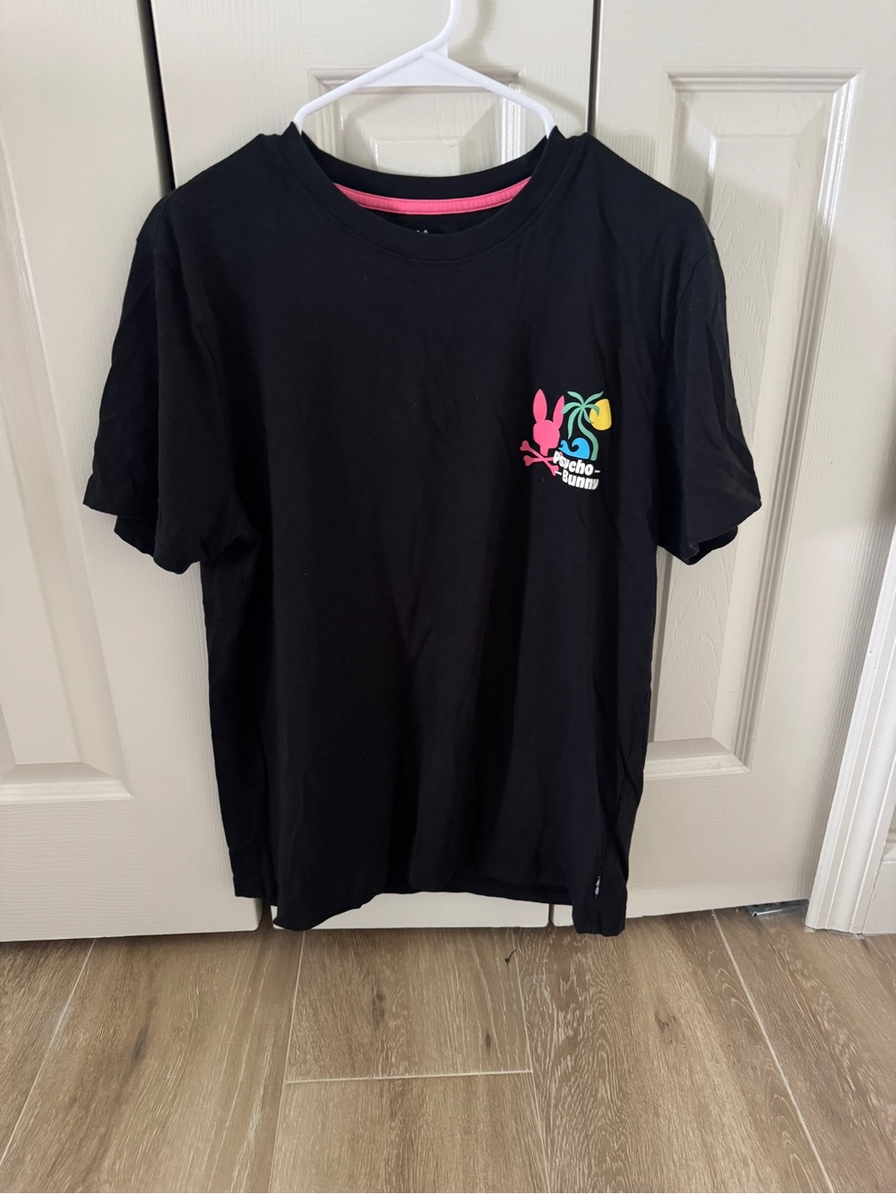 Psycho Bunny Black Tee with Neon Pink & Aqua Fruit Logo